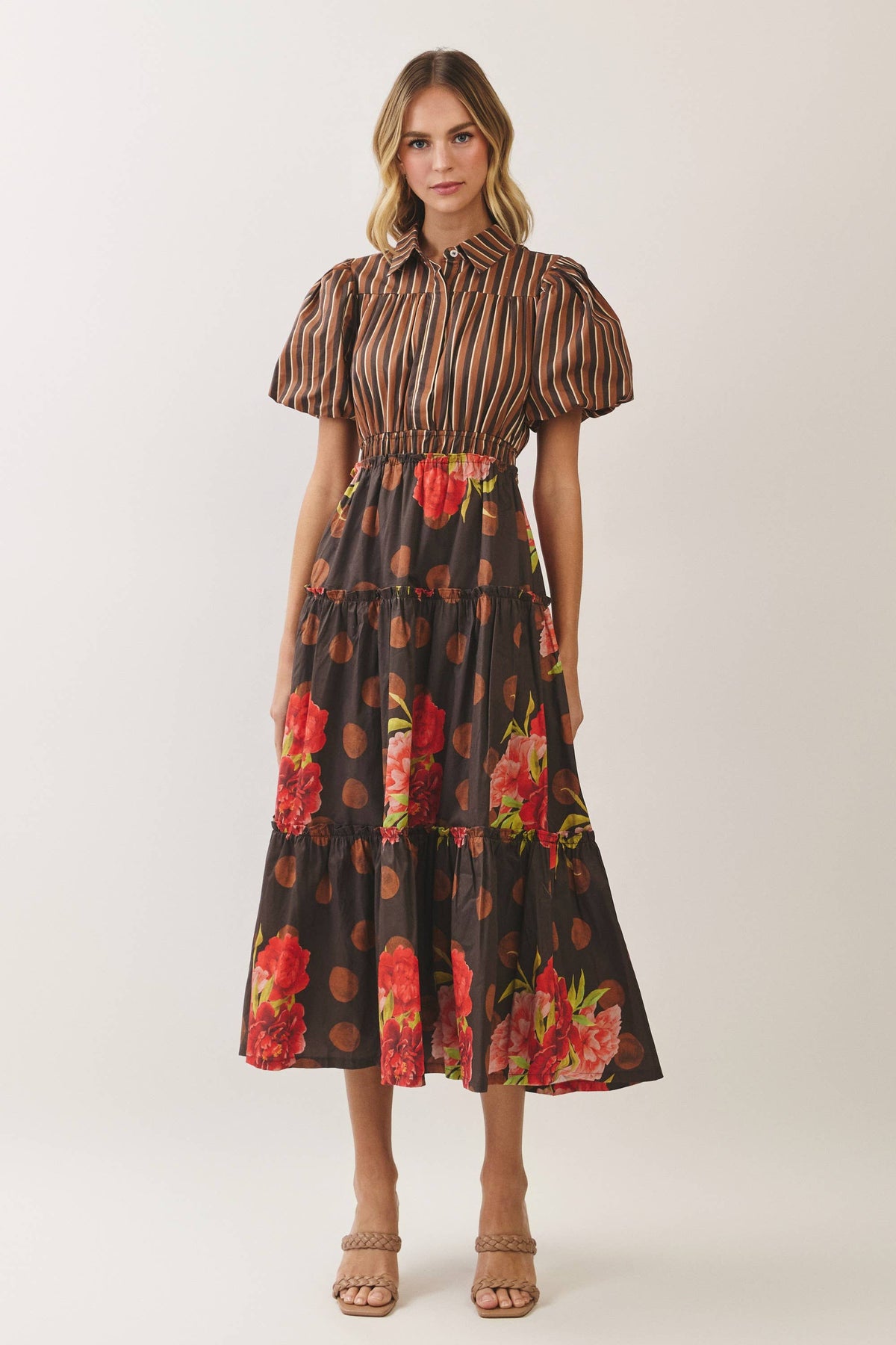Mixed Print Puff Sleeve Tiered Midi Dress