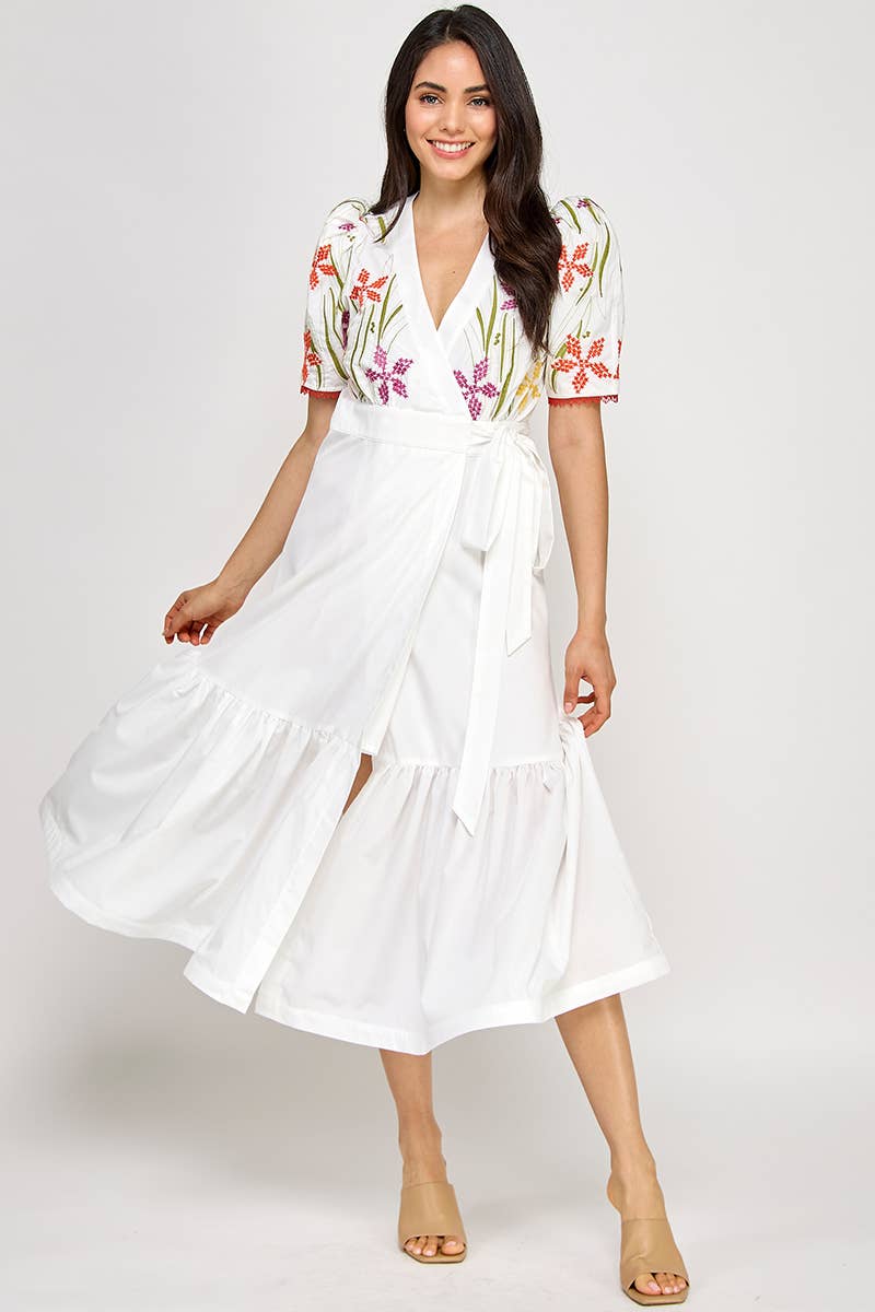 LAST CHANCE - Floral Embroidered Puff Sleeve Wrap Midi Dress - size S