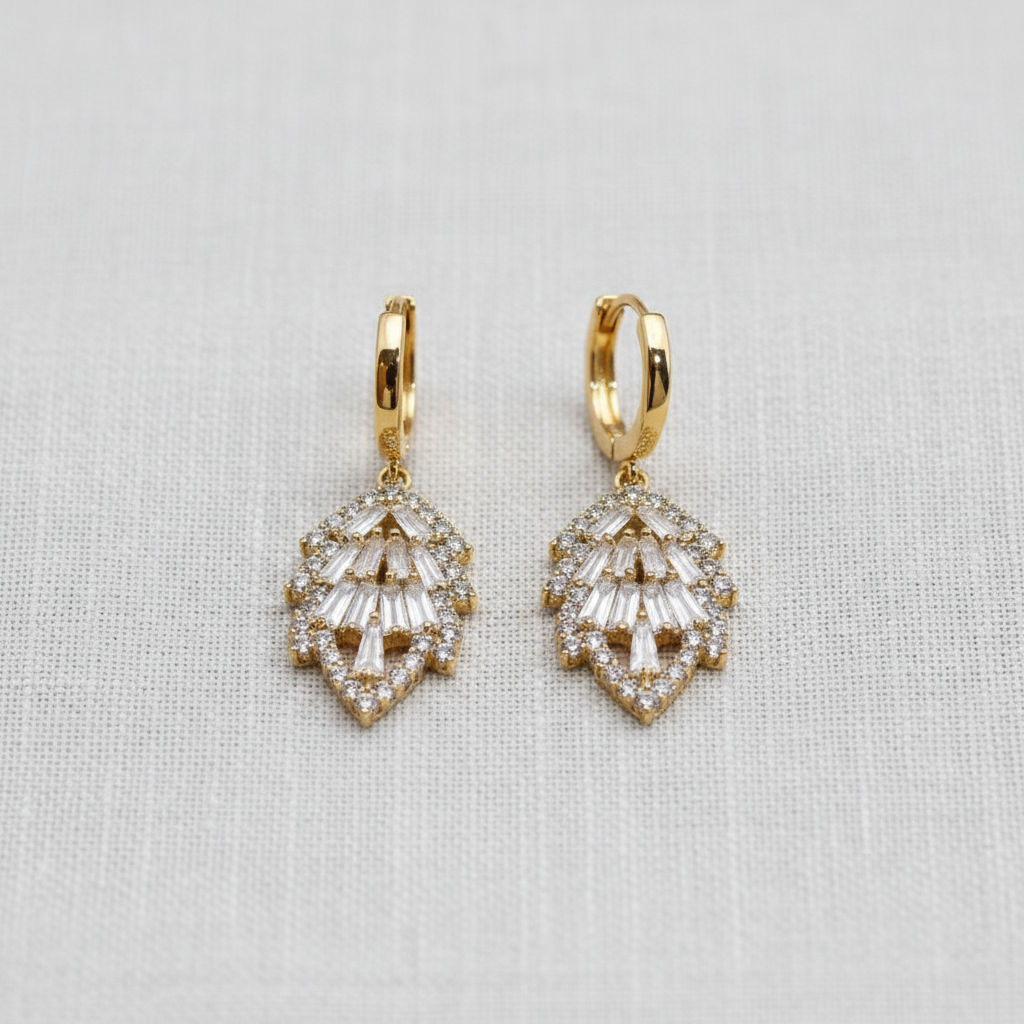 Leaf Design Crystal Tassel Earrings