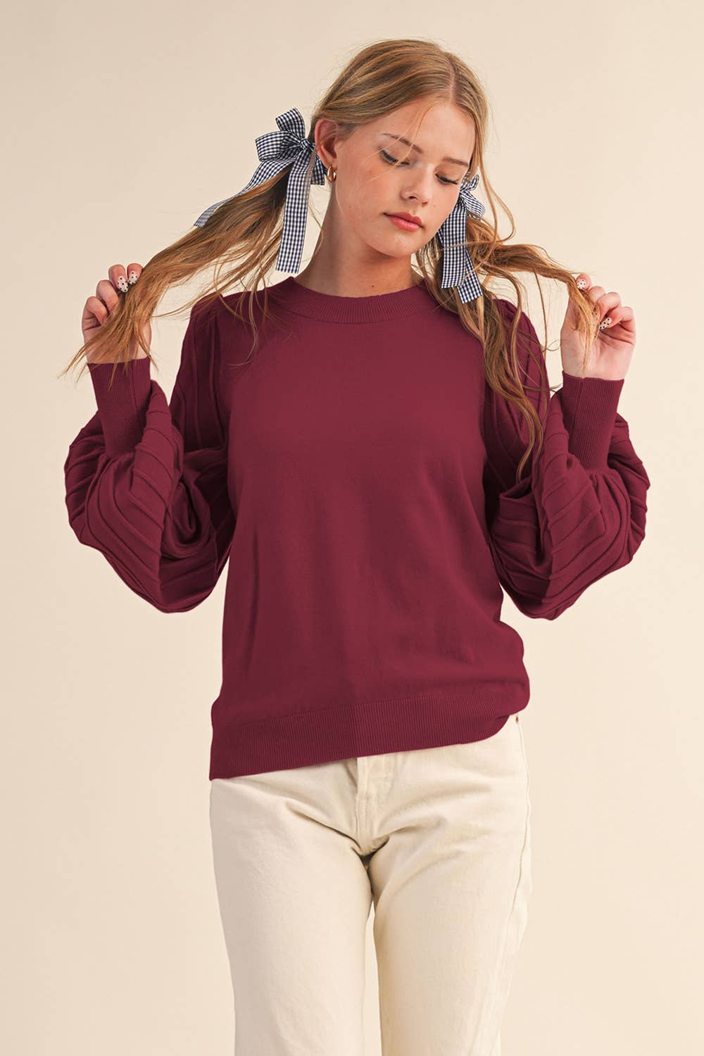 STRIPE TEXTURE PUFF SLEEVE SWEATER