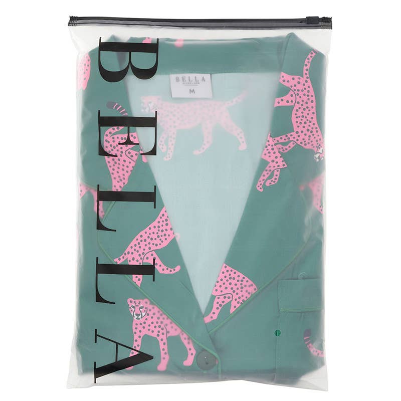 Ruffled PJ Set with Velvet Ties - Green + Cheetahs