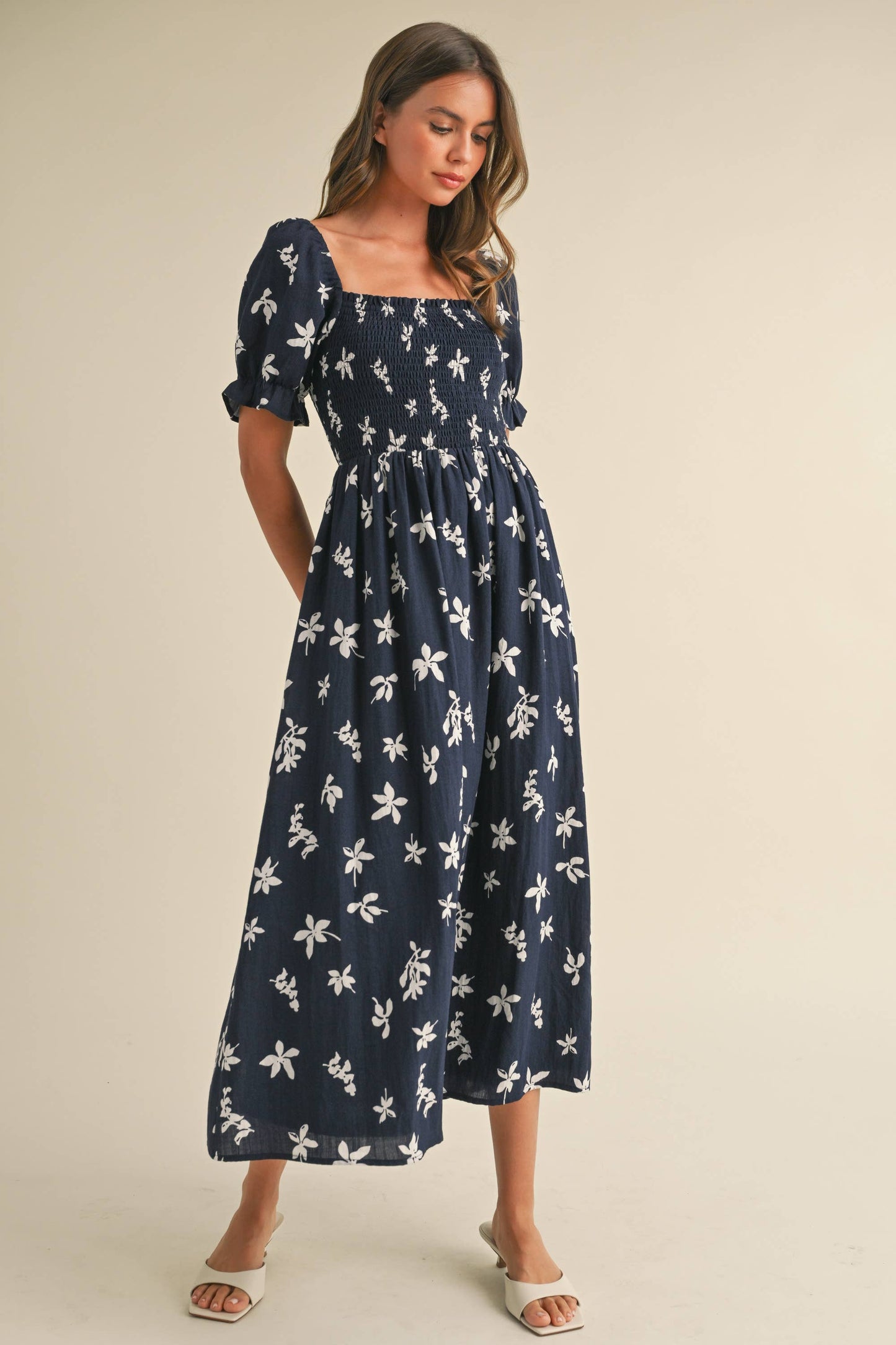 ID8847-A  FLORAL MIDI PUFF SLEEVES DRESS