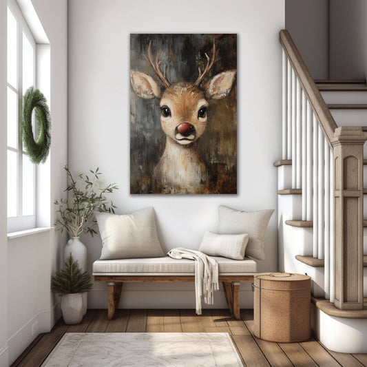 Rustic Red-nosed Reindeer Christmas 2025 Rudolph Canvas Art