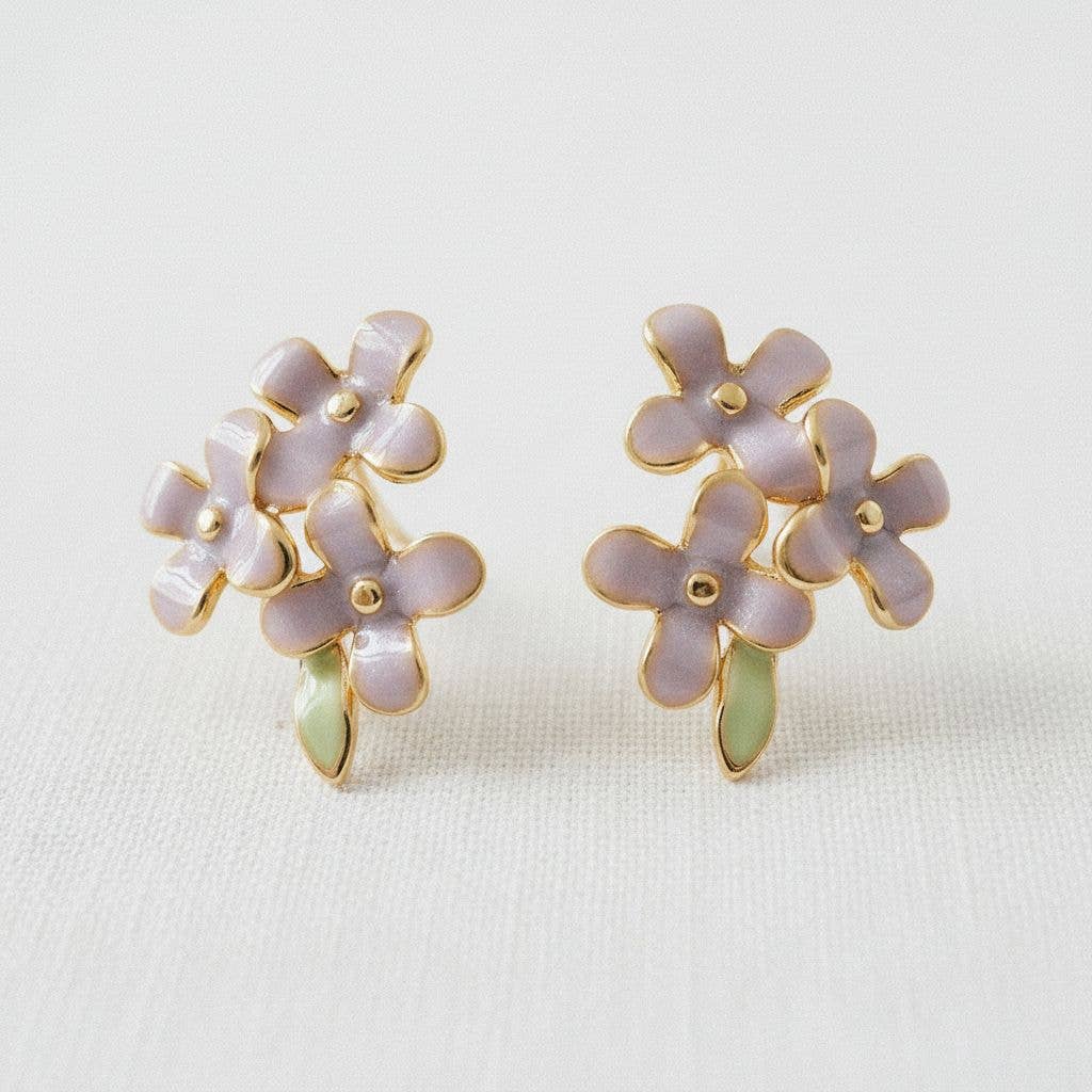 Vintage Enamel Purple Flower Stud Earrings