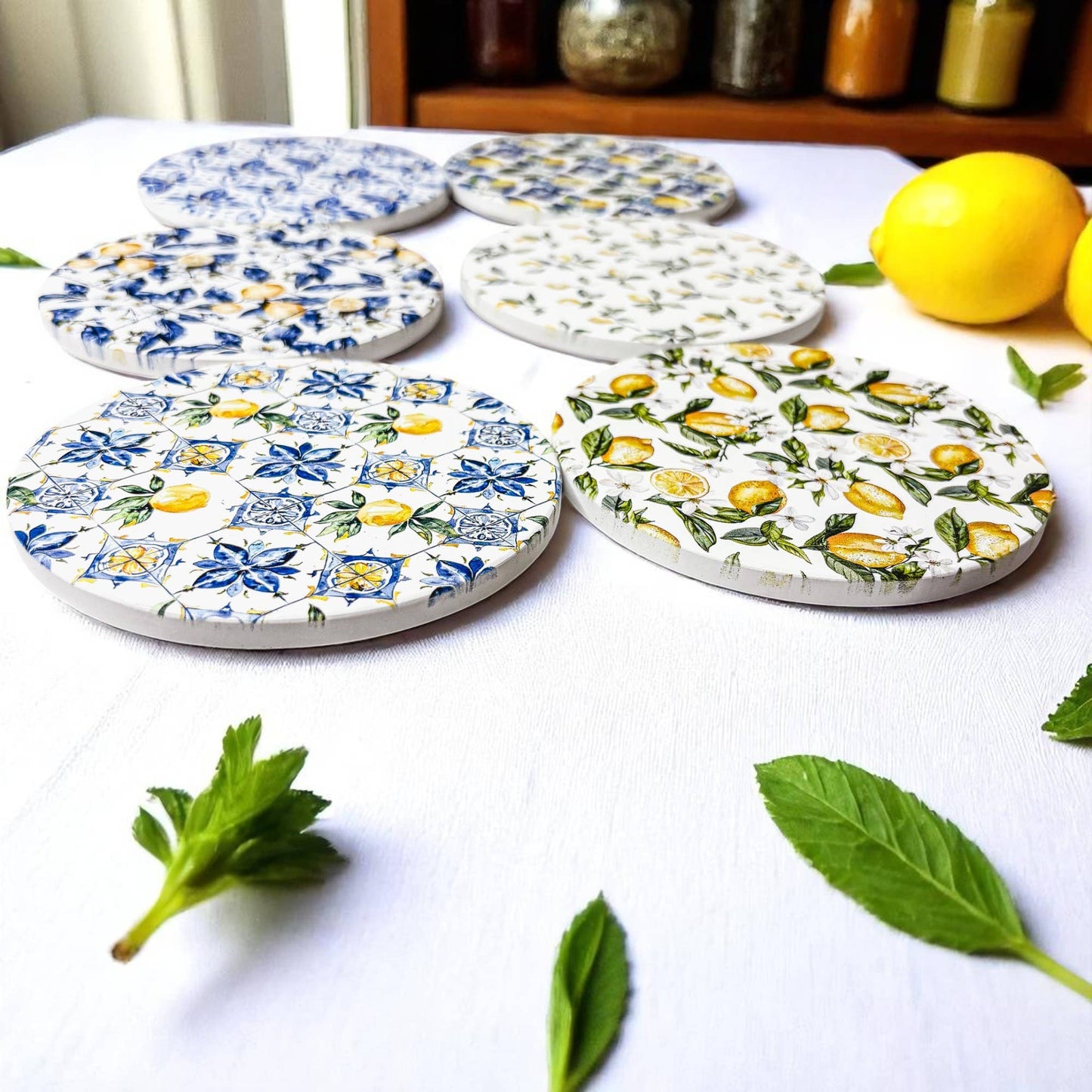 Mediterranean Lemon Coasters | Coastal Blue & Yellow Accents