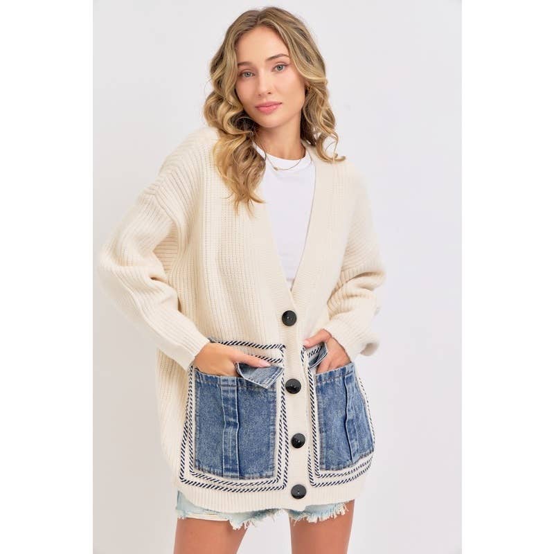 Knit Sweater Cardigan with Denim Pockets