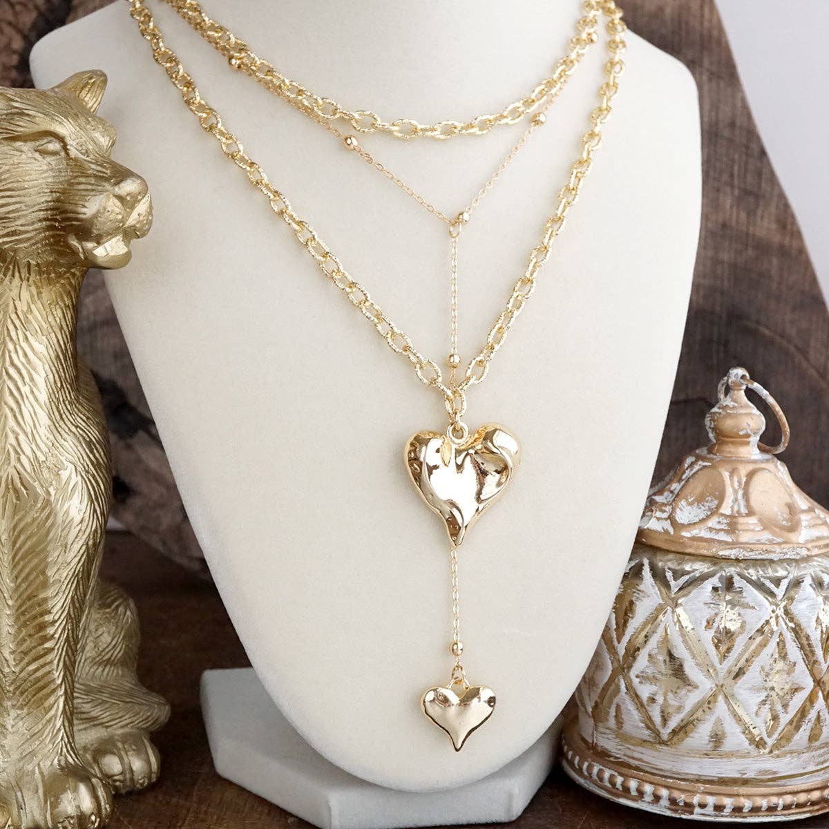 Flutter & Glow – Puffy Heart Lariat Layered Necklace in Gold