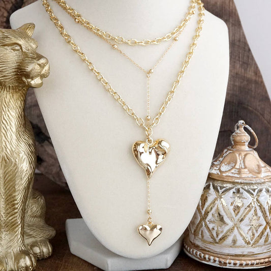 Flutter & Glow – Puffy Heart Lariat Layered Necklace in Gold