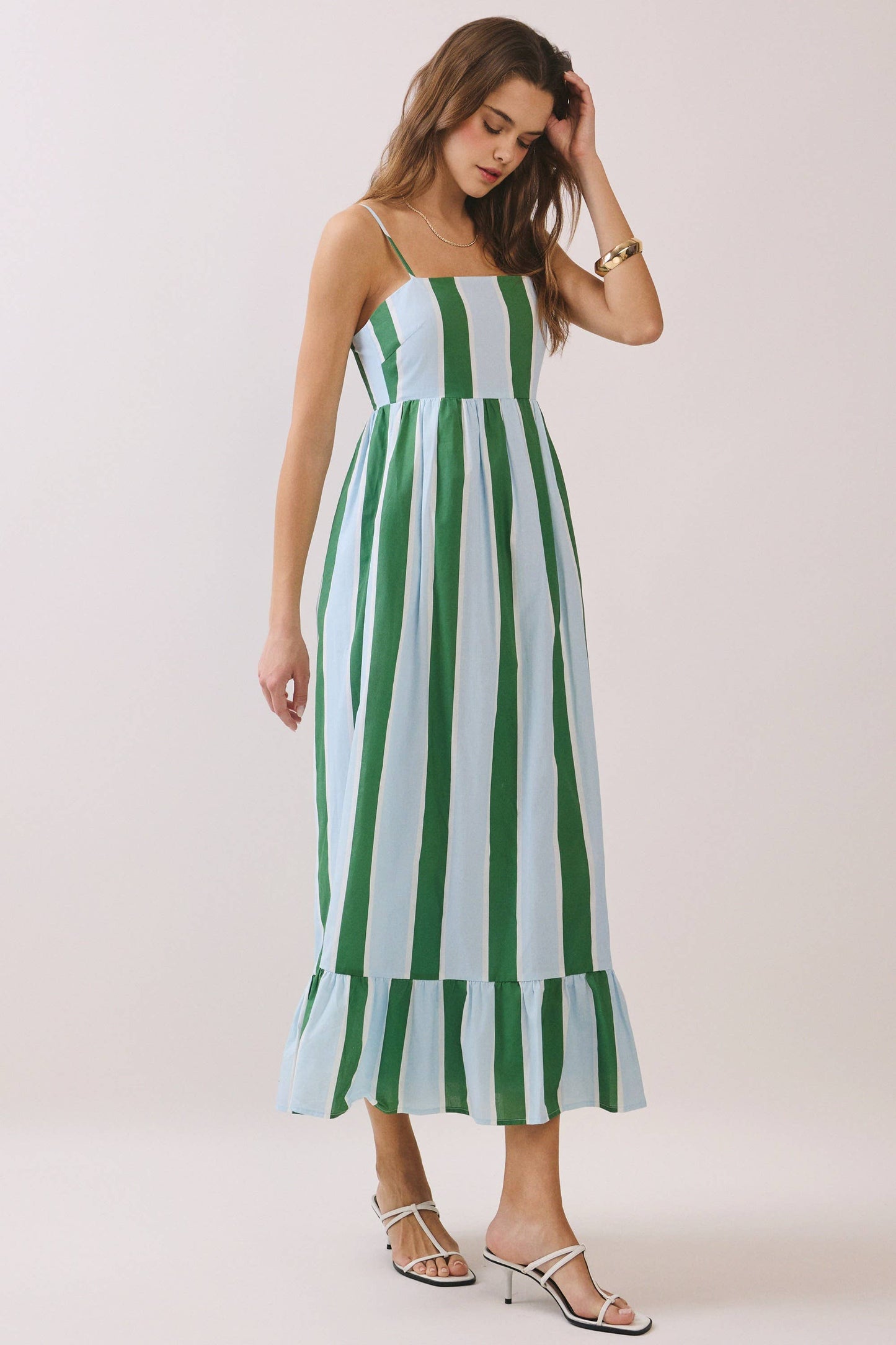 Green Stripe Smocked Maxi Dress with Pockets