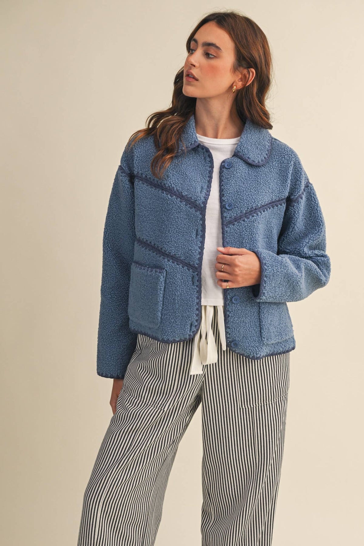 FAUX SHERPA FLEECE JACKET WITH BLANKET STITCH