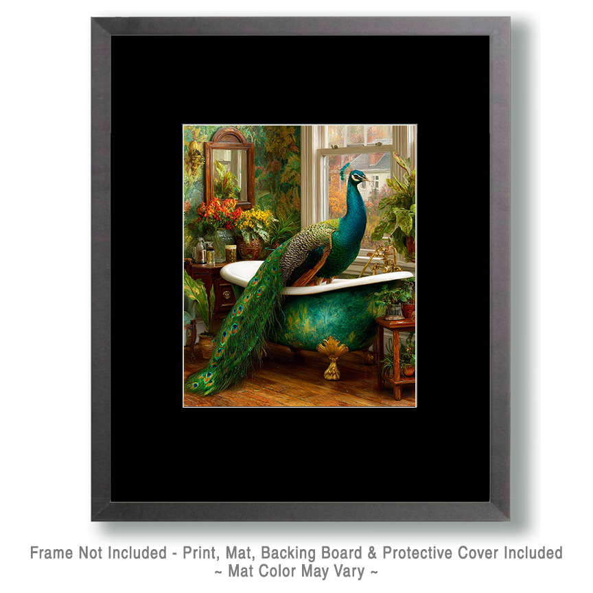Jewel-Tone Peacock in Bathtub - Funny Bathroom Art Print