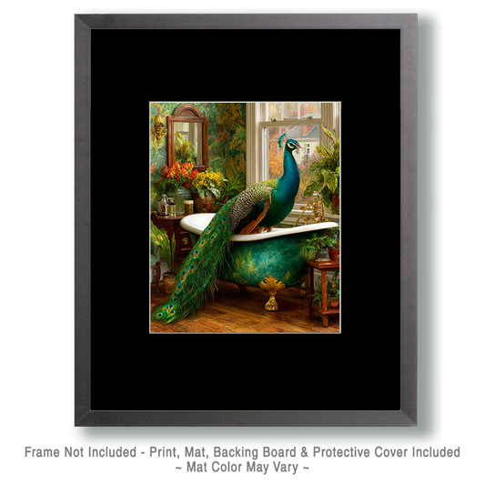 Jewel-Tone Peacock in Bathtub - Funny Bathroom Art Print