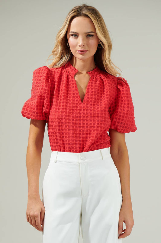 Red organza check ruffle blouse with puff sleeves