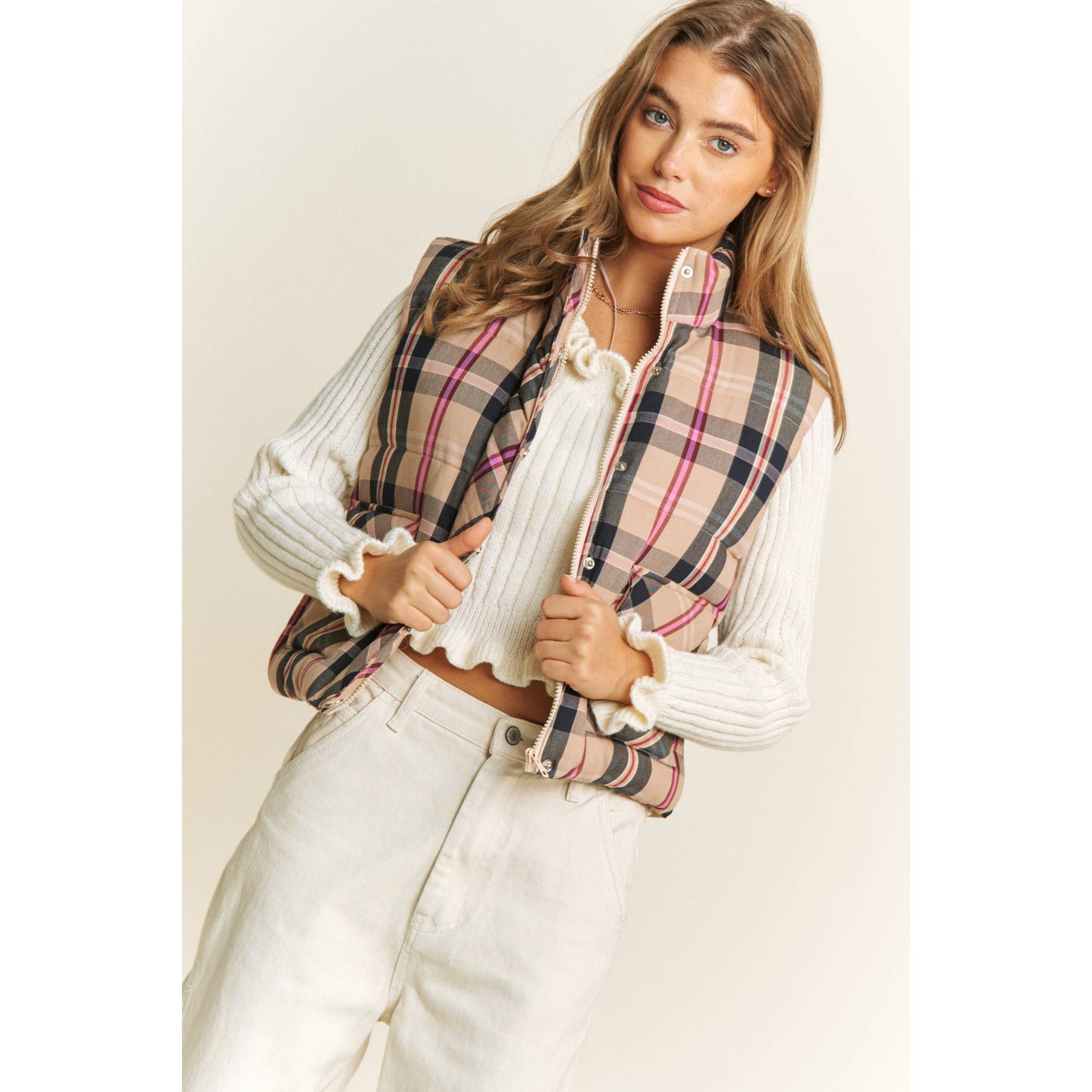 CROP PLAID HIGH NECK OPEN FRONT PUFFER VEST