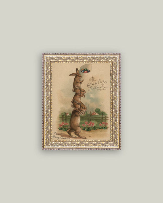Stack of Three Bunnies Framed Antique Art