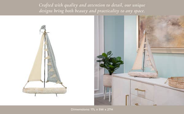 Object - Ivory/Blue Metal Sailboat with Fabric Sails, 27 in.