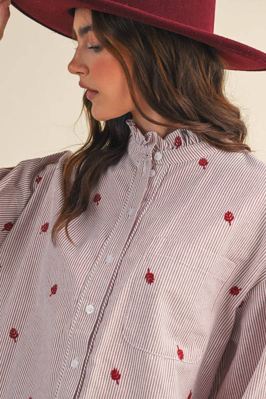 EMBROIDERED MOCK NECK STRIPED BUTTON UP TOP