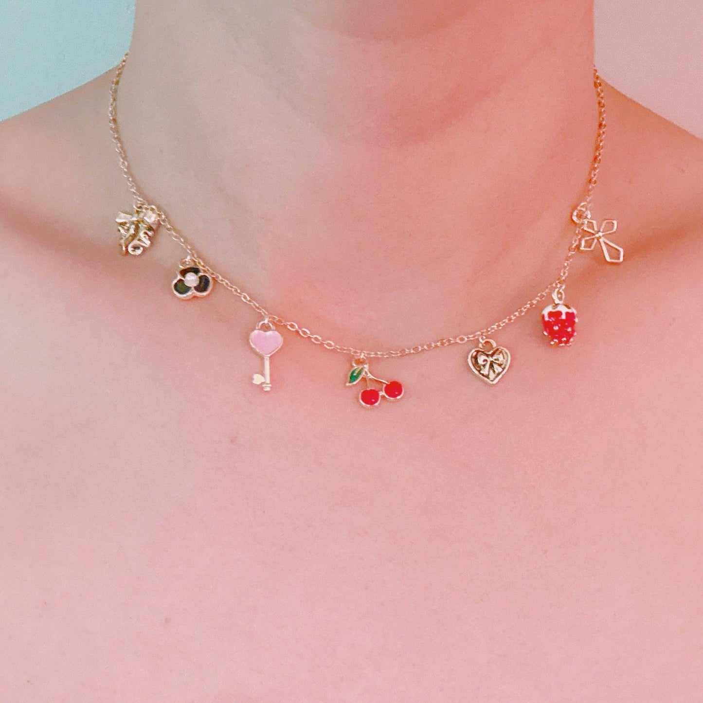 Cherry Berry Charm Necklace - Cherry Heart Key Flower Gold