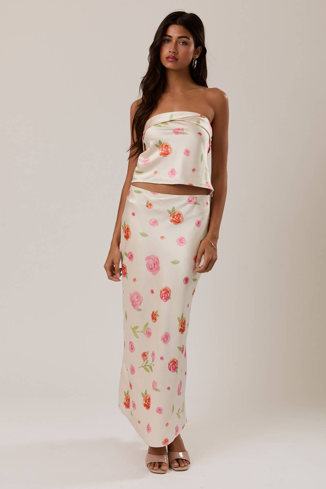 Floral Bias-Cut Midi Skirt – Cream & Rose Floral