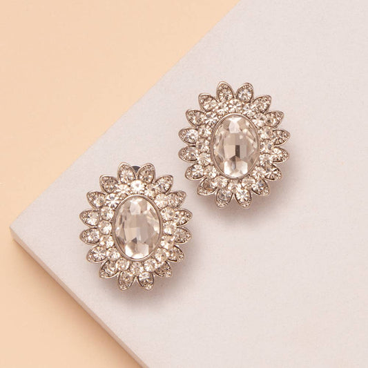 Oval Crystal Center Flower Clip On Earrings