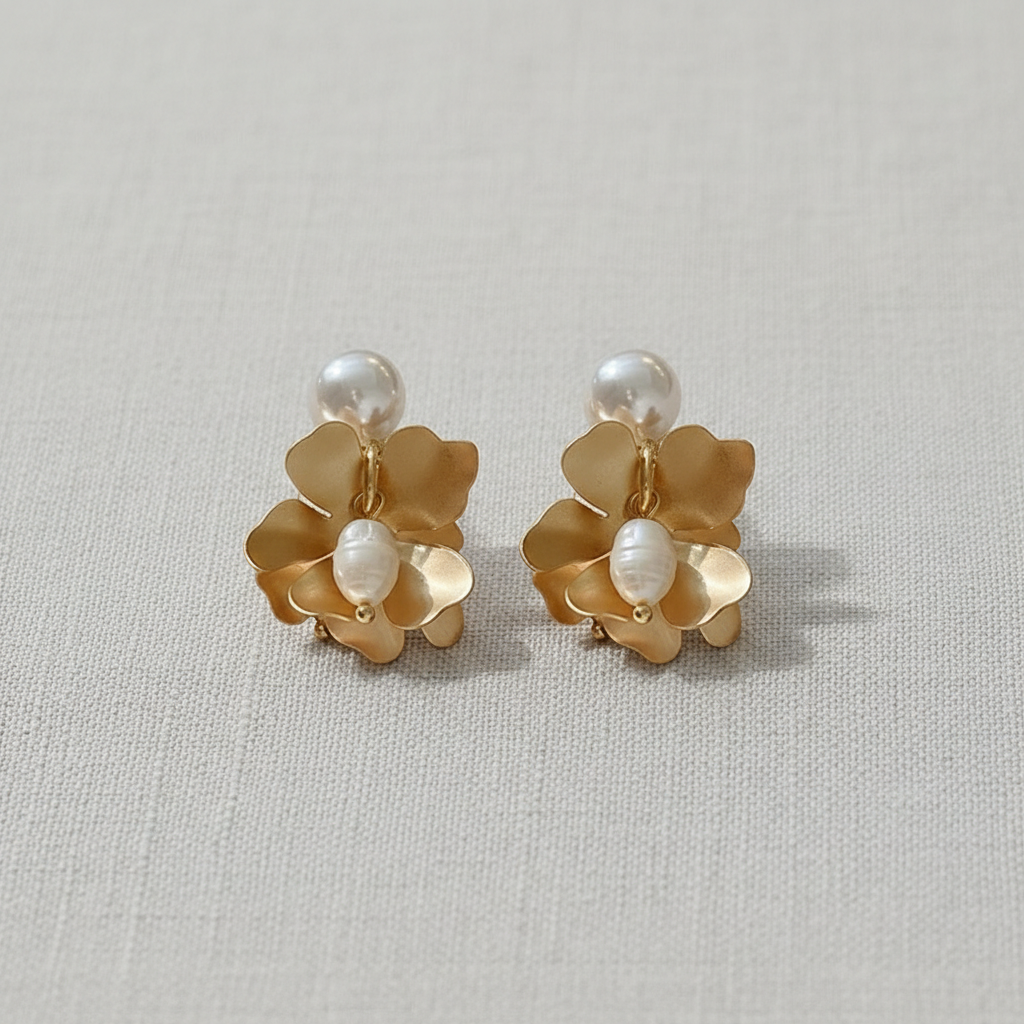 Silver Needle Pearl Floral Earrings