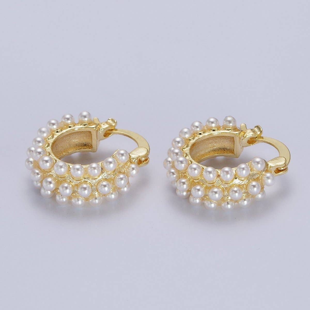 Triple White Round Pearl Lined 21mm Gold Hoop Latch Earrings