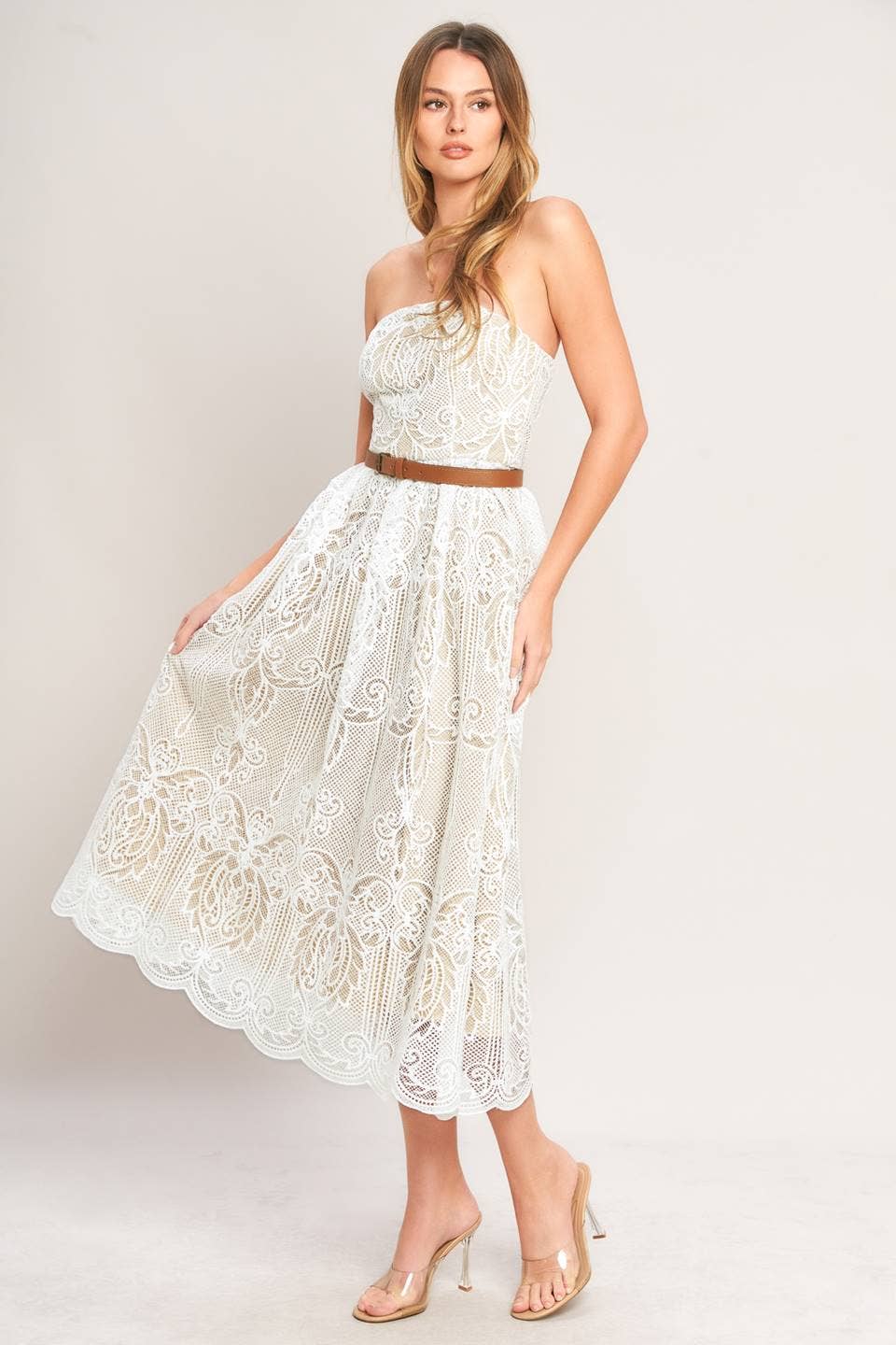 Strapless Lace Midi Dress with Belt - White