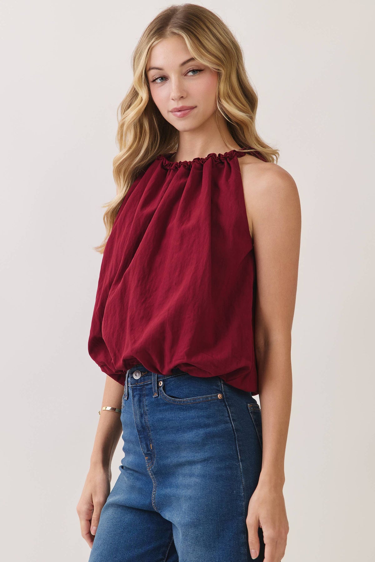 Gathered Neckline With Tie Halter Style Top