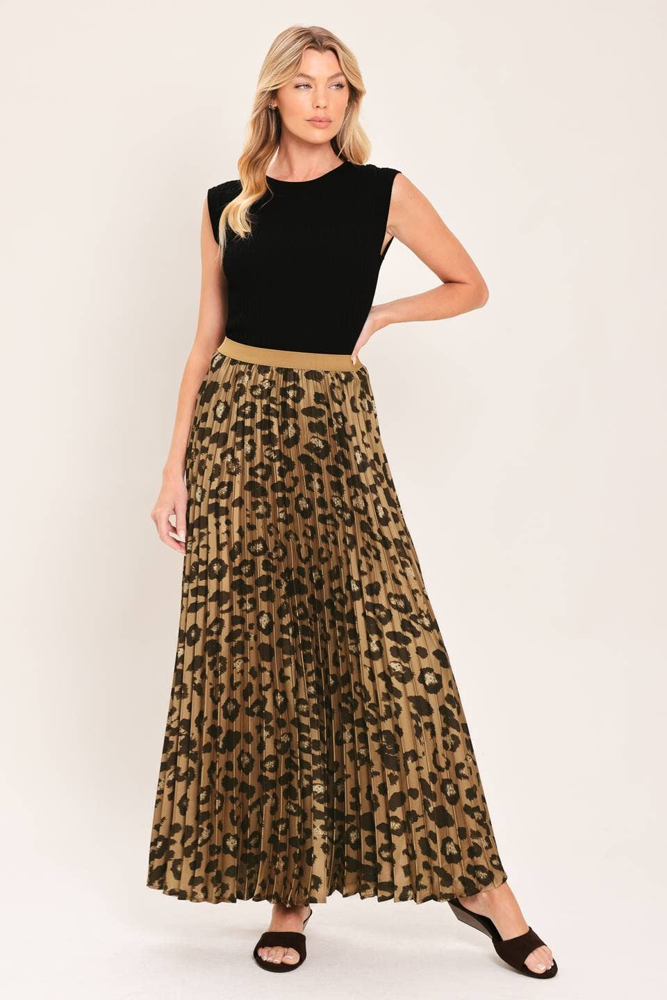 Pleated Leopard Maxi Skirt