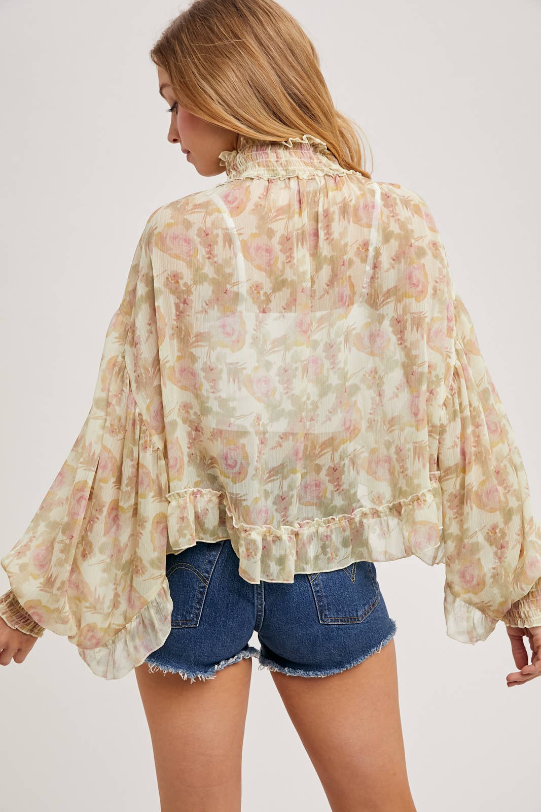 FLORAL PRINT RUFFLED MOCK NECK CHIFFON TOP