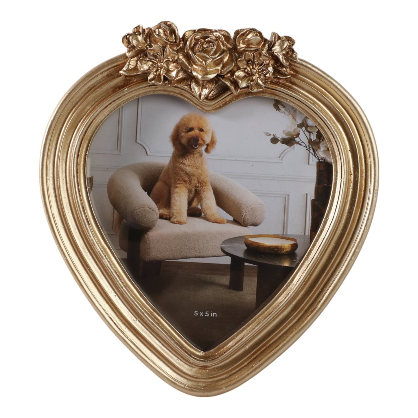 Photo Frame - Gold Polyresin Heart with Roses, 5x5 in.