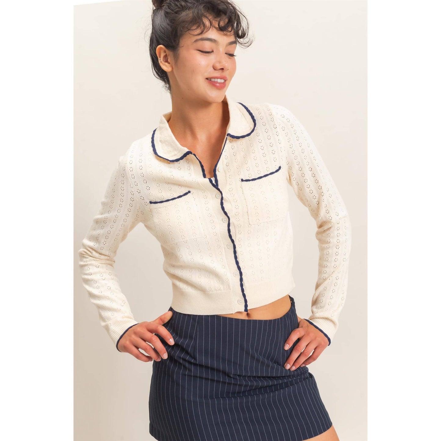 Collared Pointelle Knit Cardigan