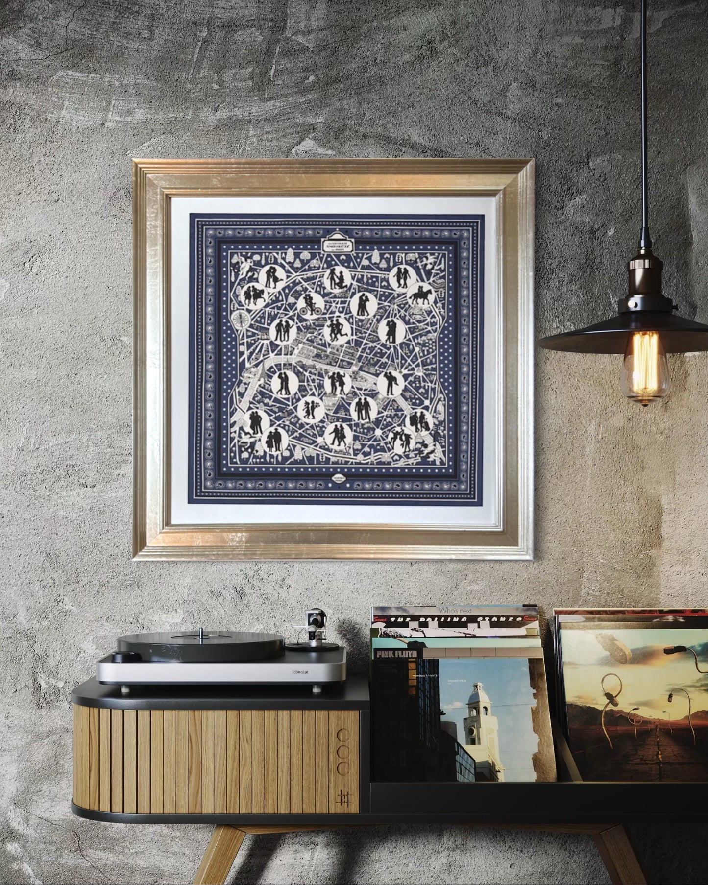 Les Nouveaux Amoureux de Paris Framed Vintage Silk Scarf 27"