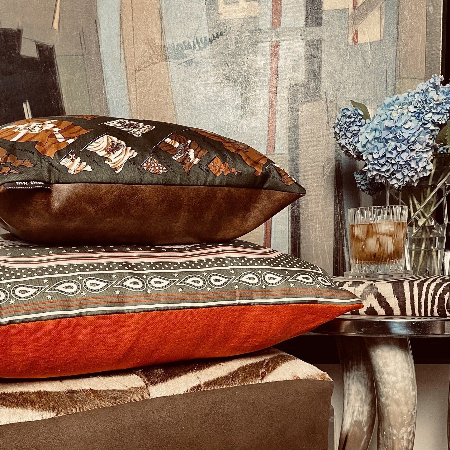 Tous en Selle Vintage Silk Scarf Lumbar Pillow 35"