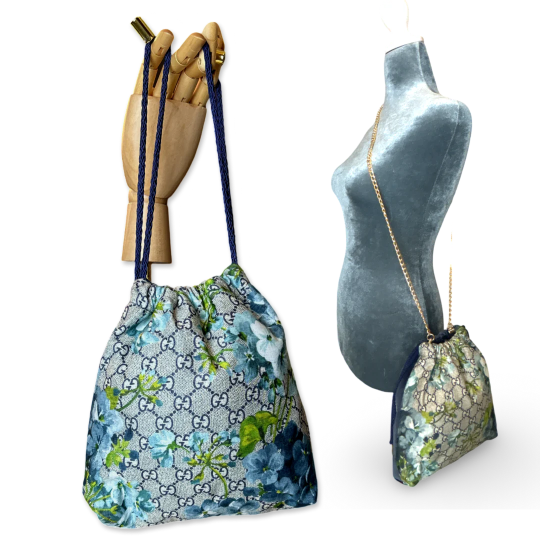 Vintage GG Logo Blooms Blue Scarf Drawstring Crossbody Bag