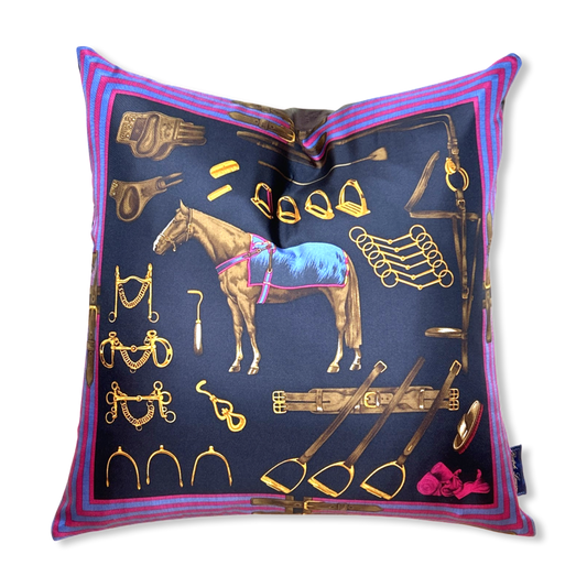 Equestrian Navy Vintage Silk Scarf Pillows 22"