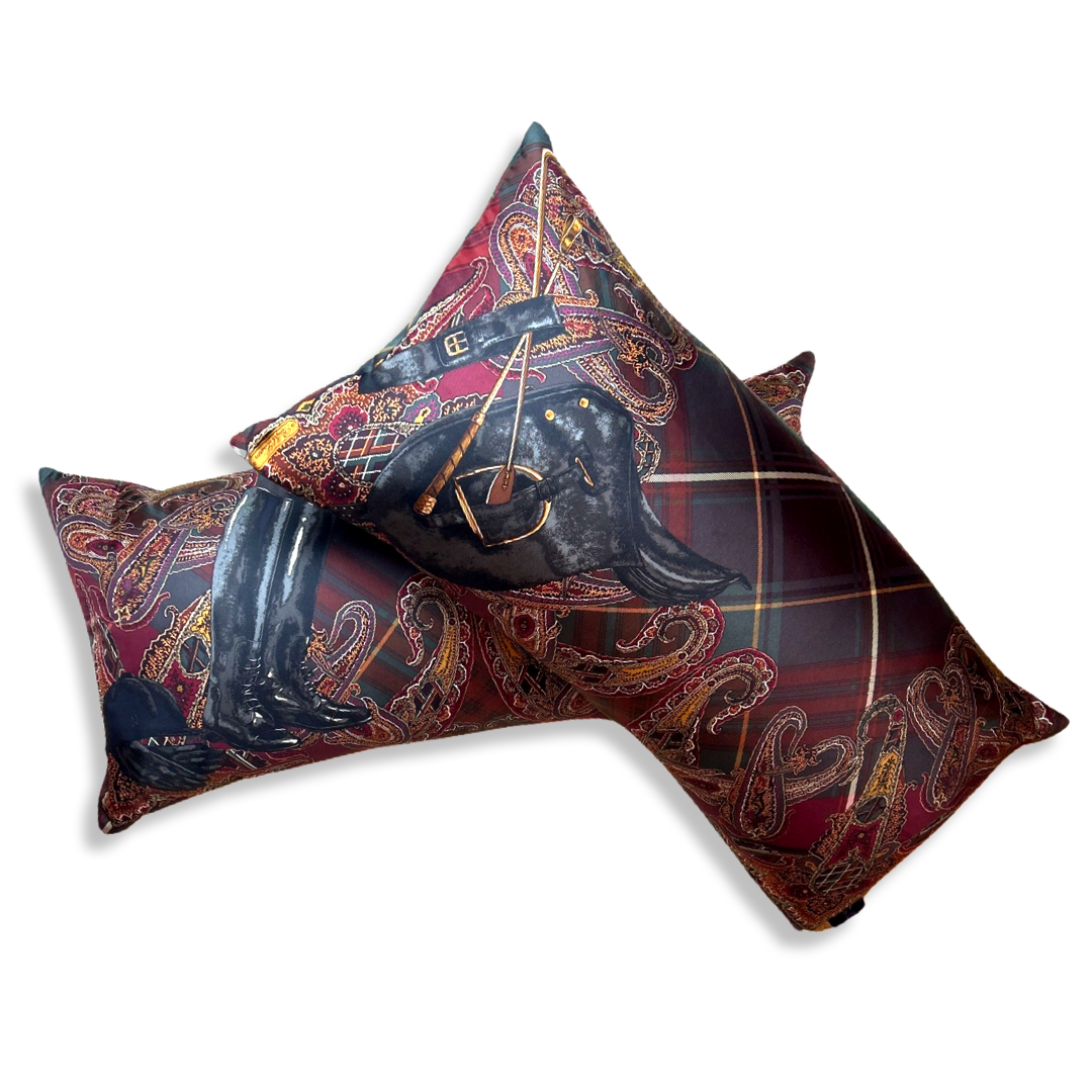 Equestrian Paisley & Tartan Vintage Silk Scarf Pillows