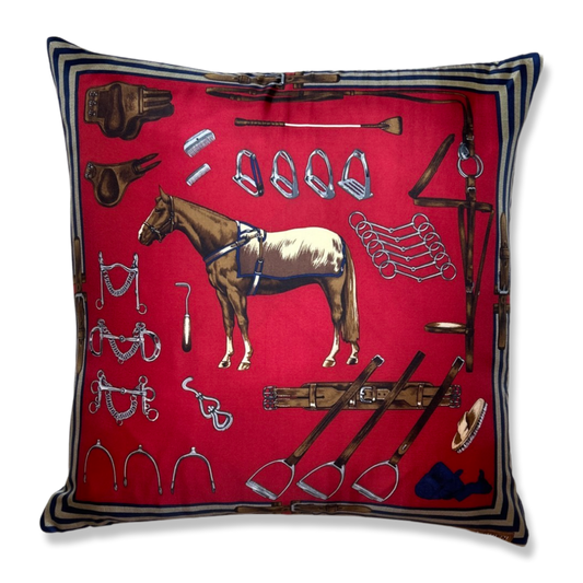 Equestrian Red Vintage Silk Scarf Pillows 22"