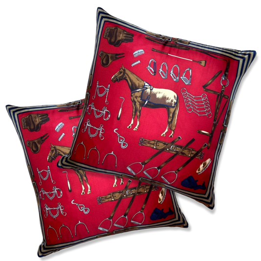 Equestrian Red Vintage Silk Scarf Pillows 22"