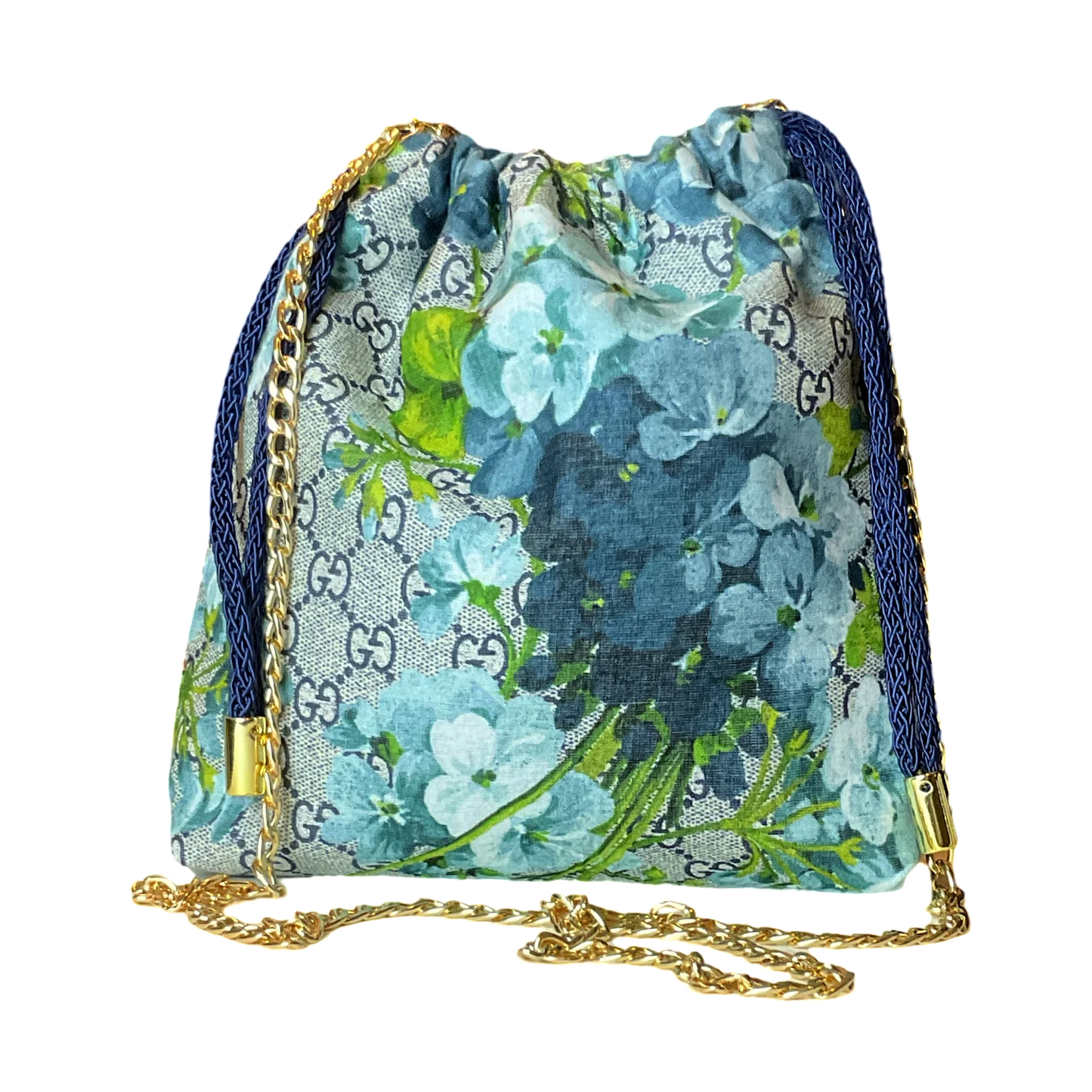 Vintage GG Logo Blooms Blue Scarf Drawstring Crossbody Bag