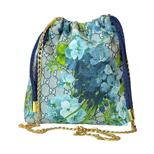 Vintage GG Logo Blooms Blue Scarf Drawstring Crossbody Bag