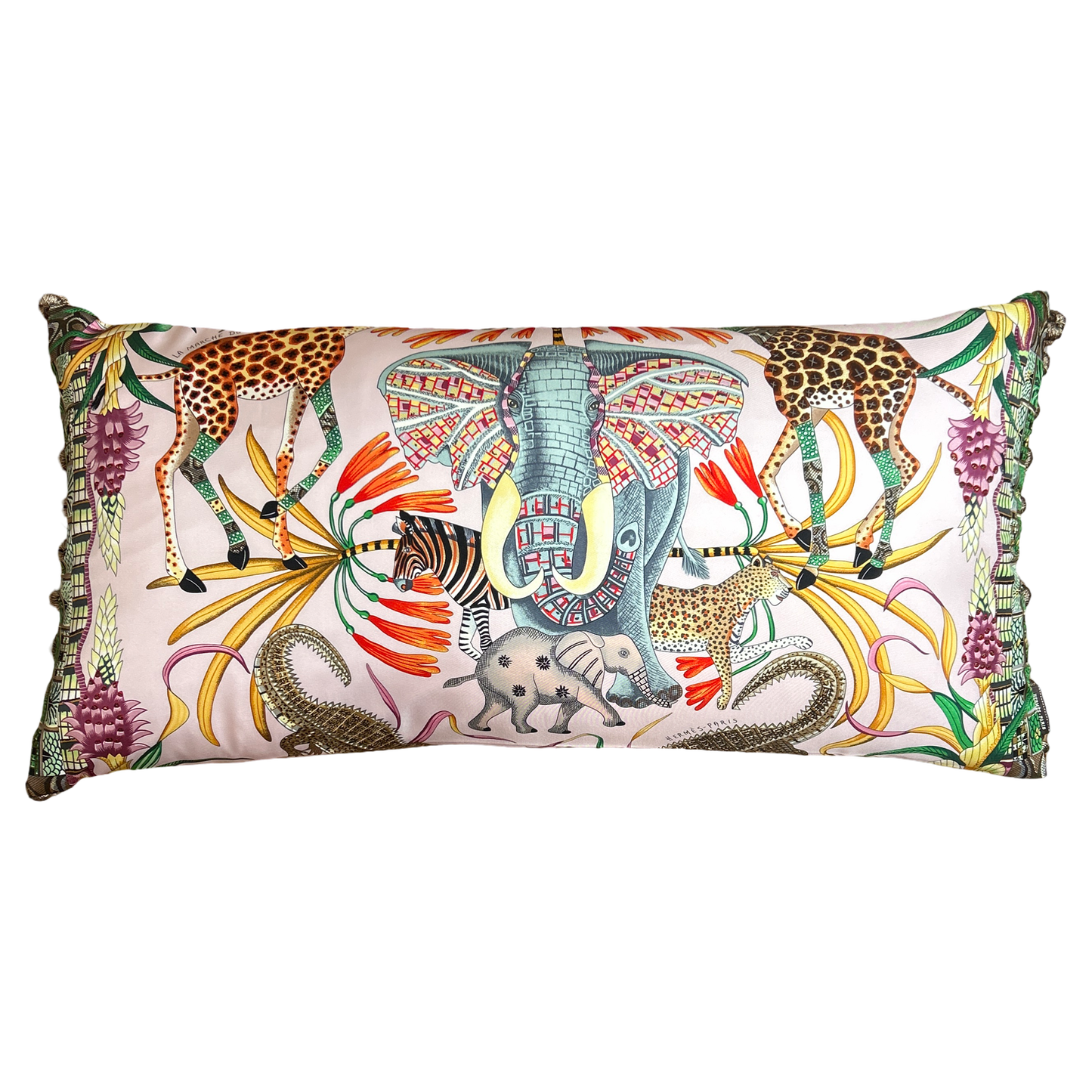 Marche du Zambeze Vintage Silk Scarf Lumbar Pillow 35"