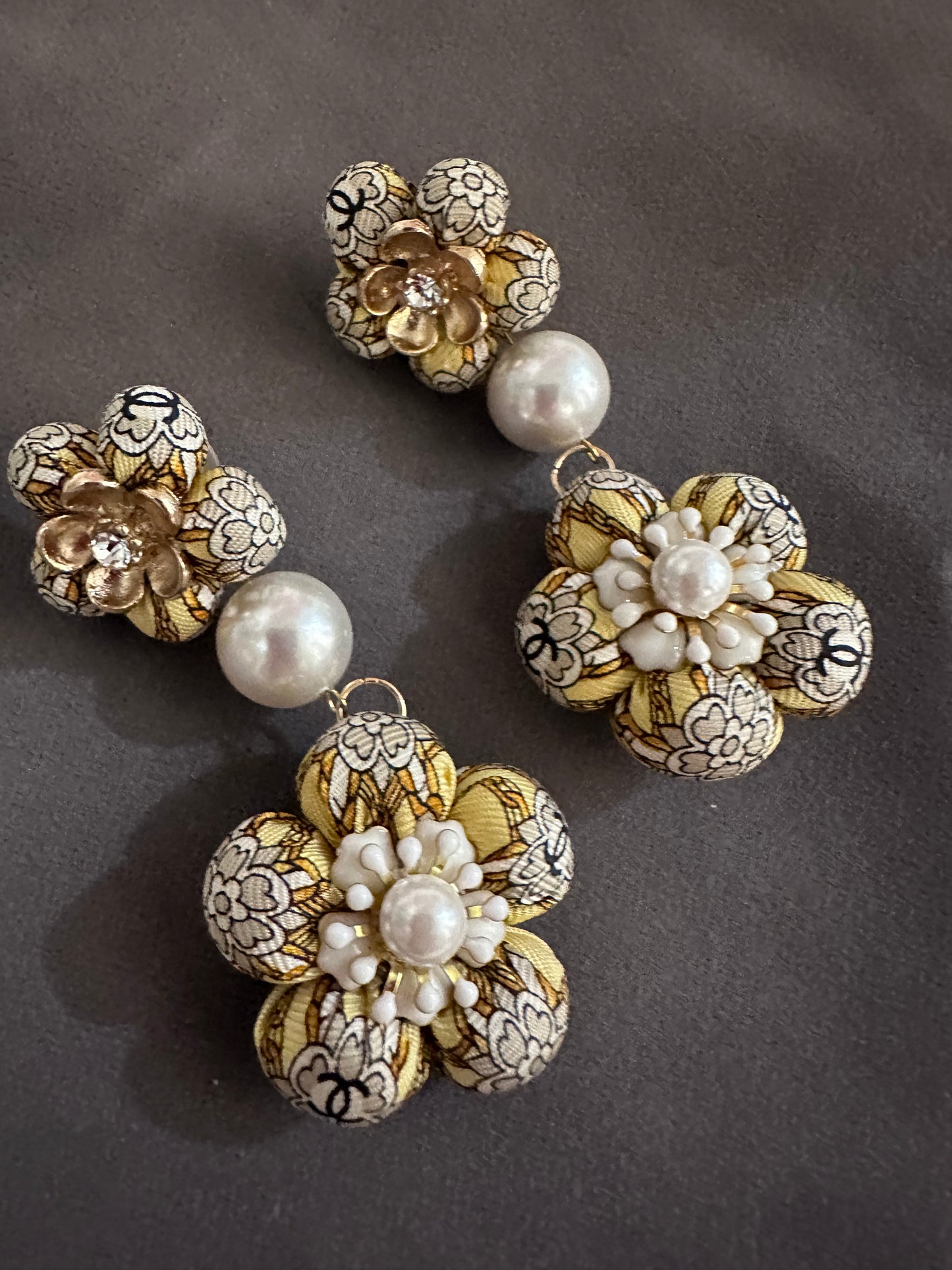 Vintage Chanel CC Camellia Silk Necktie Chandelier Earrings