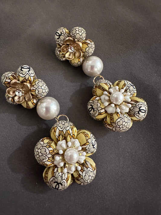 Vintage Chanel CC Camellia Silk Necktie Chandelier Earrings