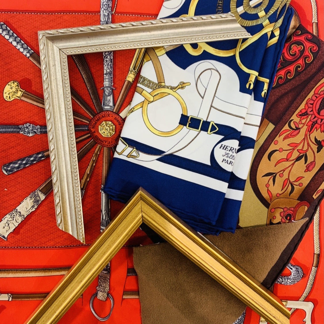Rubans du Cheval Framed Vintage Silk Scarf 33"