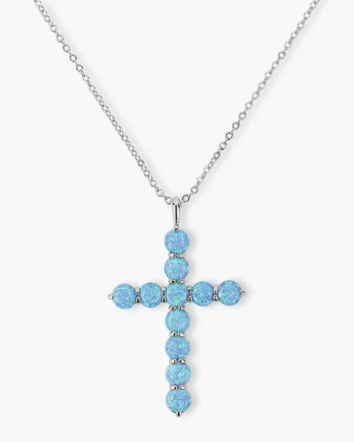 Oh She Fancy Blue Opal Cross Pendant 18"