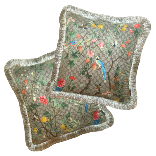 GG Logo Tree of Life Tian Chinoiserie Vintage Silk Scarf Pillows