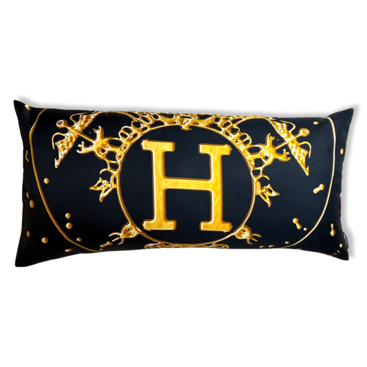 Vif Argent Black & Gold Vintage Silk Scarf Lumbar Pillows 35"