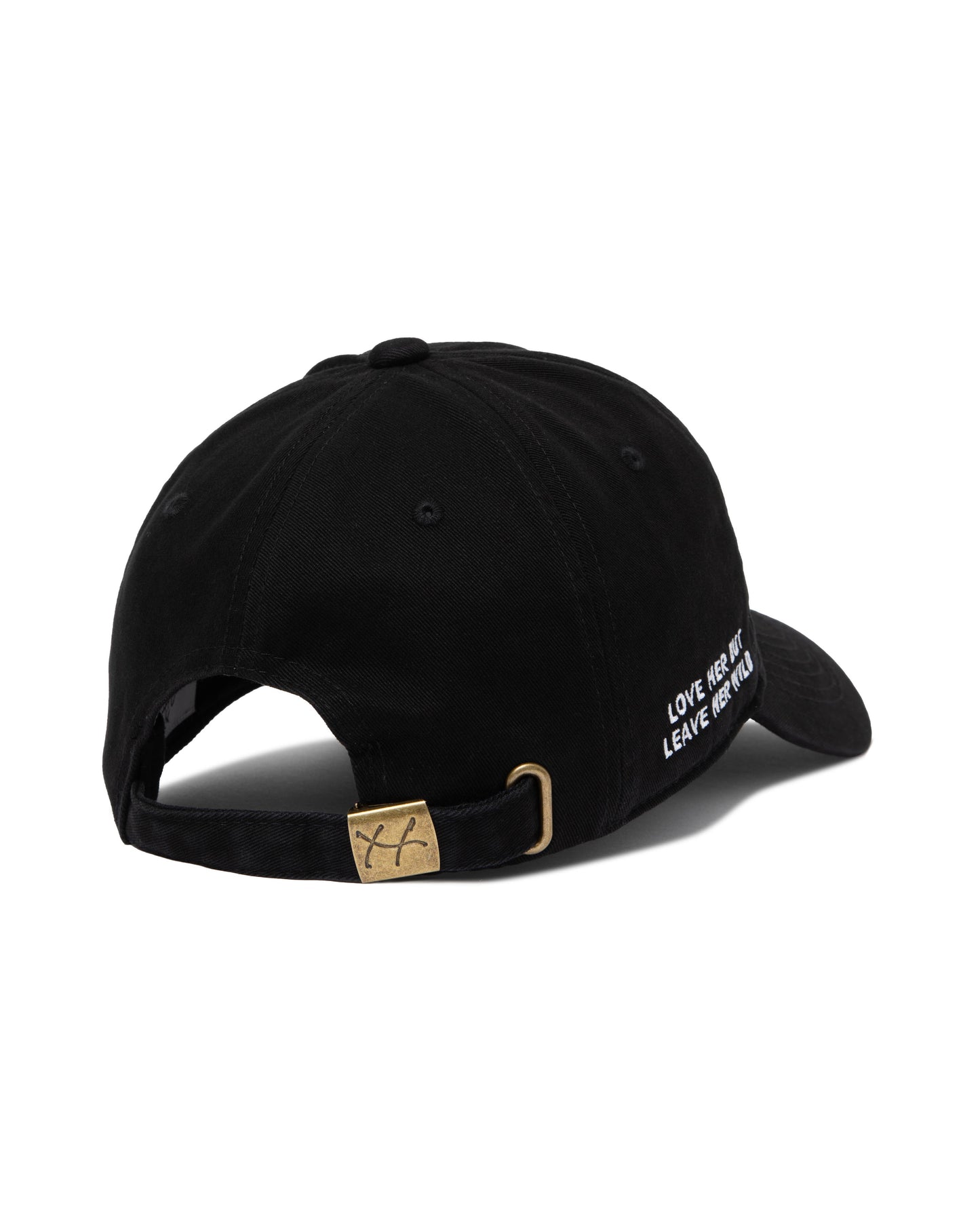 Back of black dad hat with brass buckle and side embroidery