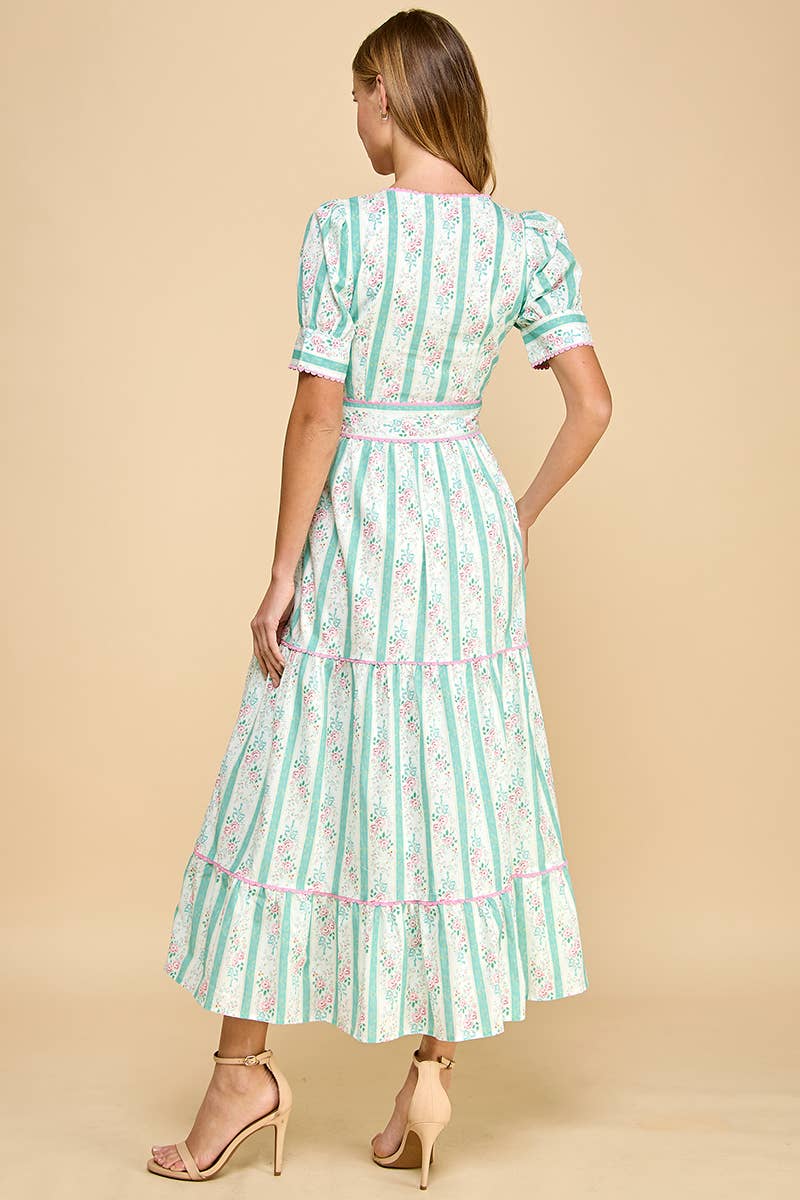 Pastel Floral Stripe Puff Sleeve Midi Dress